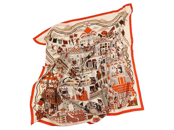 Hermès Foulard in cashmere e seta Hermes La Maison des Carrés Beige Arancione - vista 3