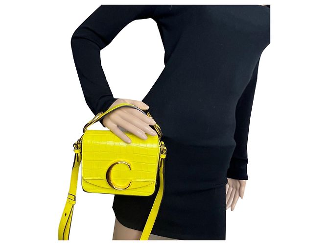 Chloé Borsa Chloe Mini C Satchel in pelle di vitello embossed croc giallo - vista 4