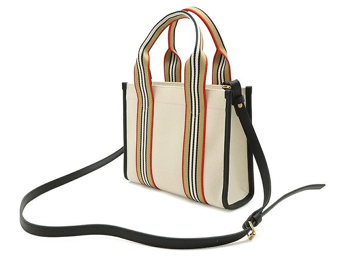 Borsa Tote Burberry Icon Stripe Canvas Marrone Beige - vista 2