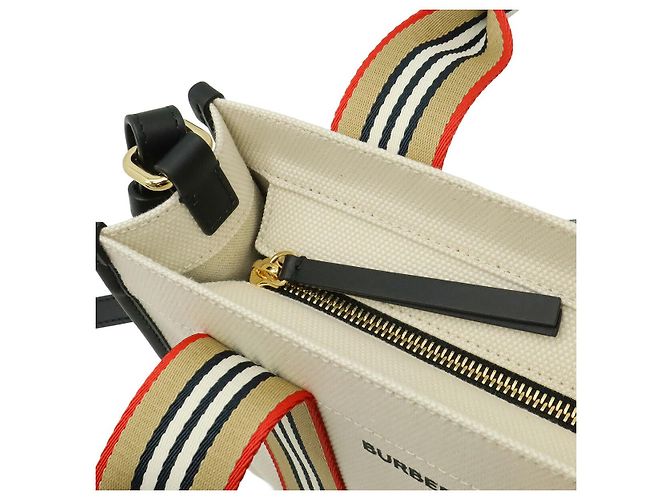 Borsa Tote Burberry Icon Stripe Canvas Marrone Beige - vista 7
