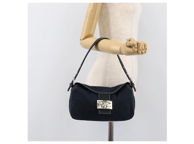 Borsa a tracolla FENDI Mamma Baguette Canvas Navy Silver Auth 199899A Argento Blu navy - vista 25