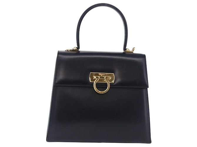 Borsa Salvatore Ferragamo Gancini in pelle Navy Gold Auth ka5976 D'oro Blu navy - vista 13
