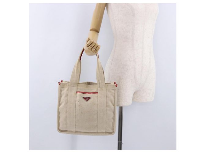 Bolso Tote PRADA Canvas Beige Red Auth 199809 Roja - vista 23