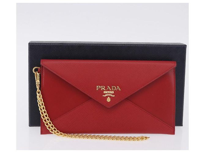 PRADA Ketten-Wallet Pouch Saffiano Rot Goldfarben Auth SW2674V - Ansicht 12