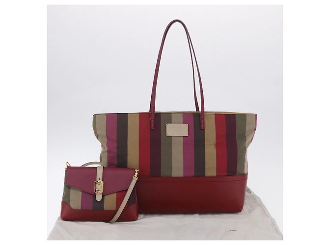 Borsa Tote FENDI a righe in nylon rosso e oro 8BH185 Auth 200207V - vista 12