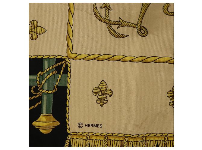 Hermès Foulard HERMES Carre 90 in Seta Beige Nero Auth 198892 - vista 11