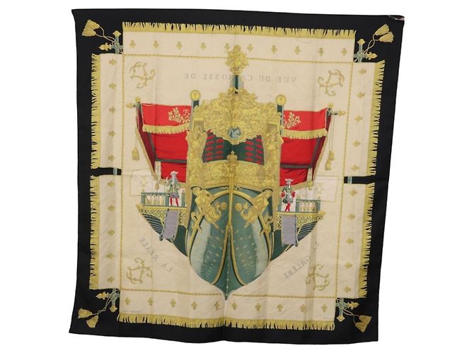 Hermès Foulard HERMES Carre 90 in Seta Beige Nero Auth 198892 - vista 13