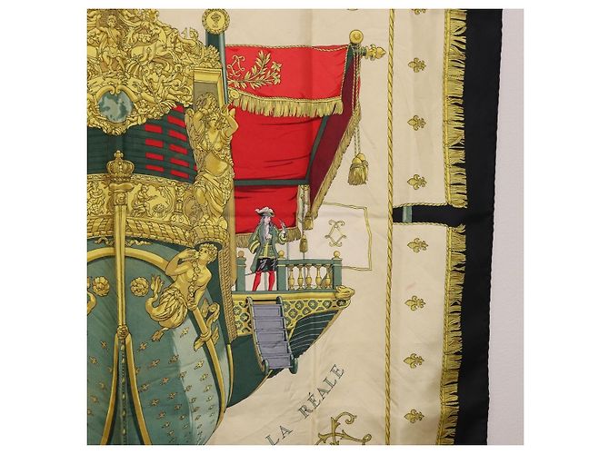 Hermès Foulard HERMES Carre 90 in Seta Beige Nero Auth 198892 - vista 7