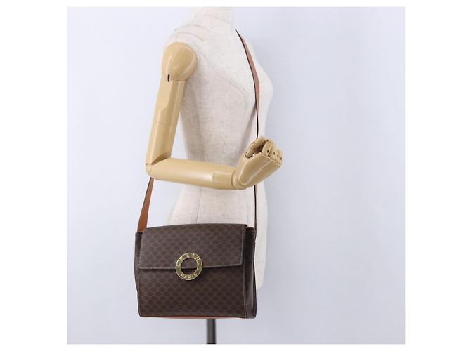 Céline Borsa a tracolla circolare CELINE Macadam Canvas PVC Pelle Marrone Oro Auth 200078A D'oro - vista 24
