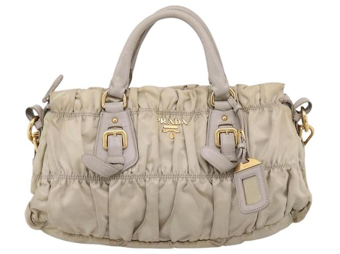 PRADA Geraffte Handtasche Nylon 2way Beige Gold Auth 201930 Golden - Ansicht 13