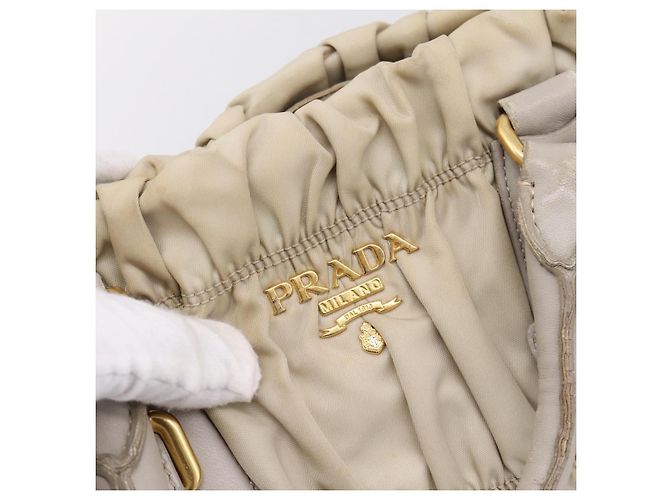 PRADA Geraffte Handtasche Nylon 2way Beige Gold Auth 201930 Golden - Ansicht 19