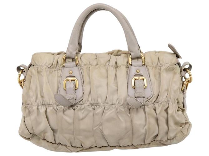 PRADA Geraffte Handtasche Nylon 2way Beige Gold Auth 201930 Golden - Ansicht 2