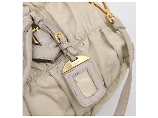 PRADA Geraffte Handtasche Nylon 2way Beige Gold Auth 201930 Golden - Ansicht 20
