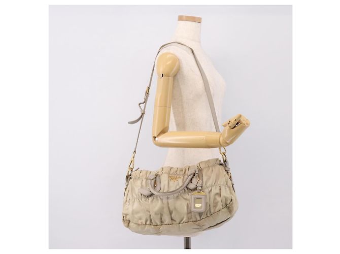 PRADA Geraffte Handtasche Nylon 2way Beige Gold Auth 201930 Golden - Ansicht 27