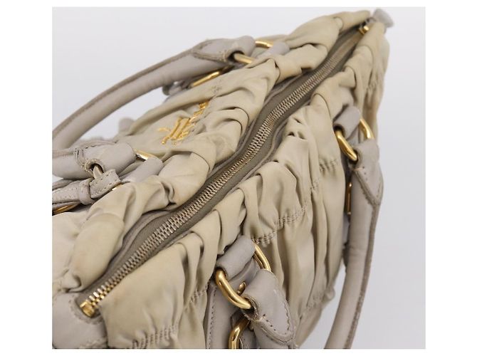 PRADA Geraffte Handtasche Nylon 2way Beige Gold Auth 201930 Golden - Ansicht 6
