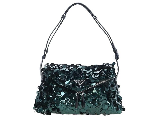 Borsa a tracolla PRADA di paillettes Verde Argento Auth 199336SM - vista 13