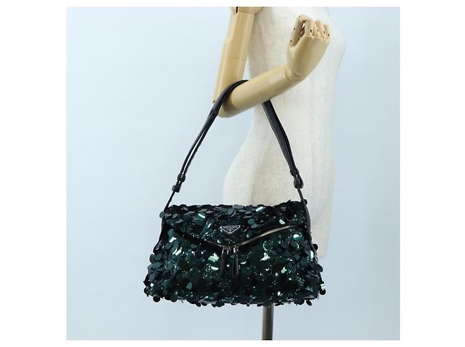 Borsa a tracolla PRADA di paillettes Verde Argento Auth 199336SM - vista 26