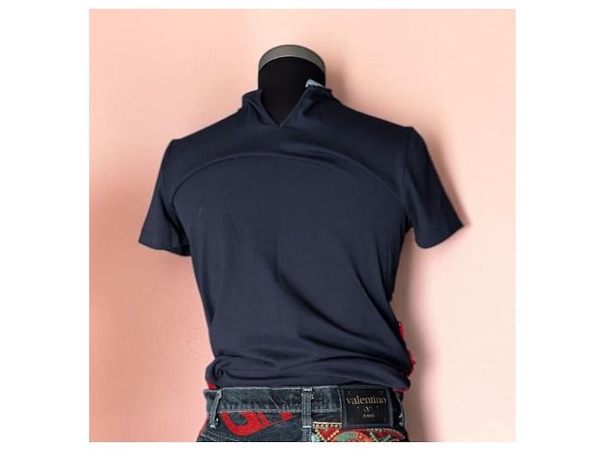 Prada Camiseta negra de algodón con encaje guipur rojo Negro Roja - vista 2