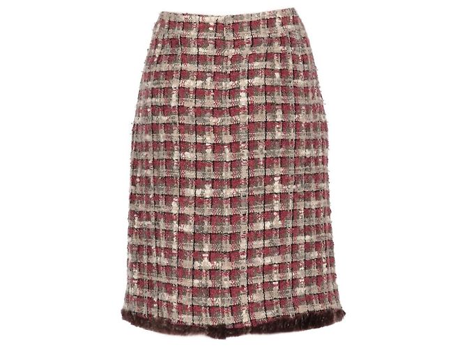 Falda Chanel de bouclé mixto a cuadros Rojo Oscuro Burdeos - vista 3