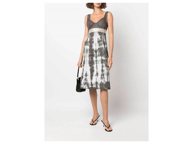 Abito midi Prada tie-dye in cotone e seta marrone e bianco - vista 2