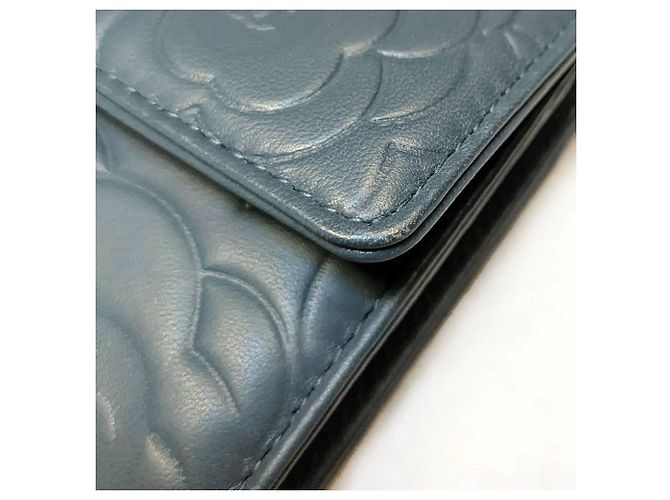 Chanel Wallet Blue Embossed Leather Camellia Logo - view 4