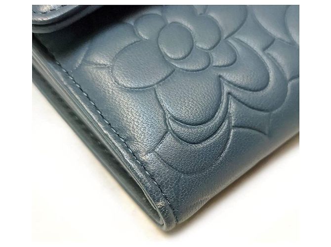 Chanel Wallet Blue Embossed Leather Camellia Logo - view 5