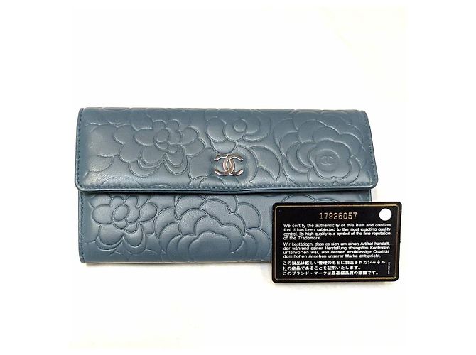 Chanel Wallet Blue Embossed Leather Camellia Logo - view 6