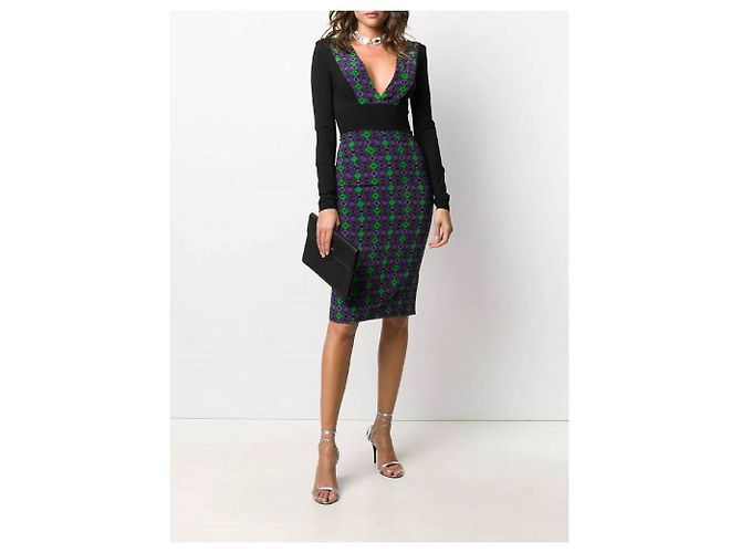 Vestido midi Versace em viscose preto e roxo com padrão geométrico - vista 4