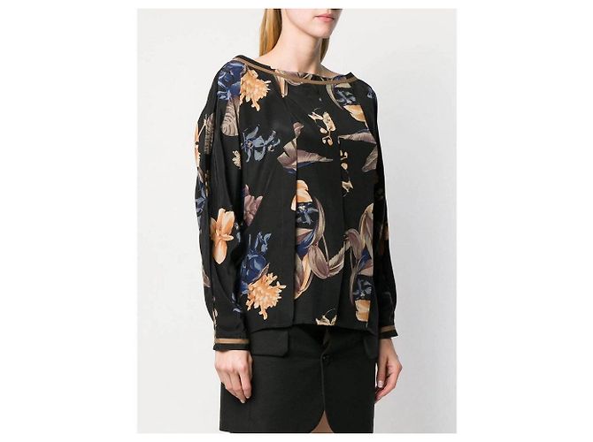 Blusa Versace de seda negra con estampado floral plisado Negro - vista 2