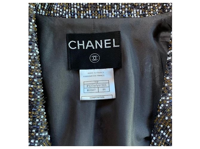 Chanel Perlenjacke aus Baumwolle Grau Gold Weiß - Ansicht 7