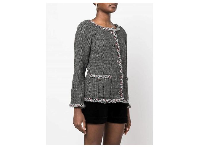 Chanel Bouclé Wolle Blazer Kariert Grau - Ansicht 5