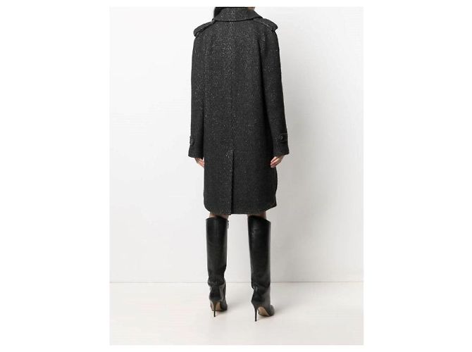 Abrigo Chanel de lana negro con estampado herringbone y capa - vista 2