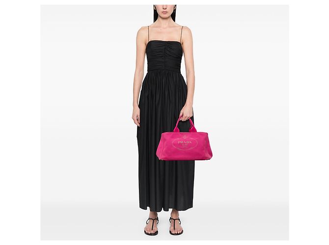 Borsa Tote Satchel Prada Canvas Canapa Logo Rosa - vista 6