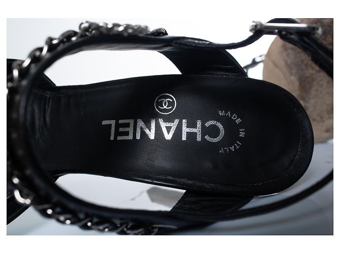 Chanel, back leather chain peep-toe slingback heels Black - view 10