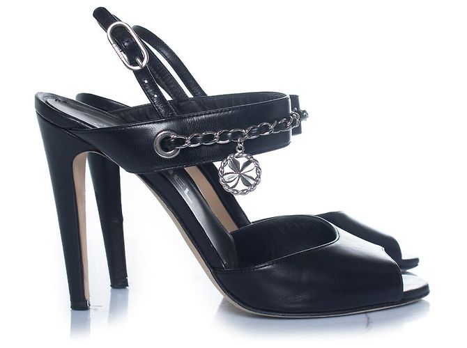 Chanel, back leather chain peep-toe slingback heels Black - view 4
