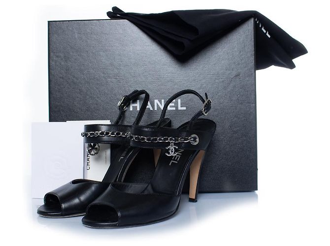 Chanel, back leather chain peep-toe slingback heels Black - view 8