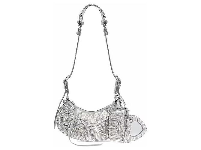Balenciaga Le Cagole XS Borsa a Tracolla - Camoscio Grigio e Strass Silver hardware - vista 3