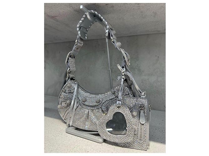 Balenciaga Le Cagole XS Borsa a Tracolla - Camoscio Grigio e Strass Silver hardware - vista 5