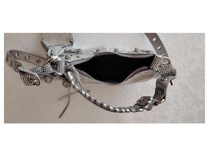 Balenciaga Le Cagole XS Borsa a Tracolla - Camoscio Grigio e Strass Silver hardware - vista 7