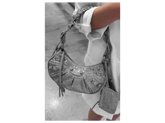 Balenciaga Le Cagole XS Borsa a Tracolla - Camoscio Grigio e Strass Silver hardware - vista 9