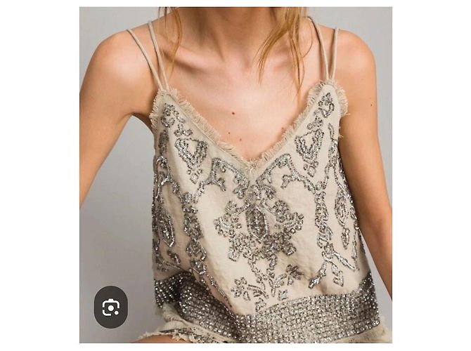 Twin Set Embroidered linen top Grey - view 11