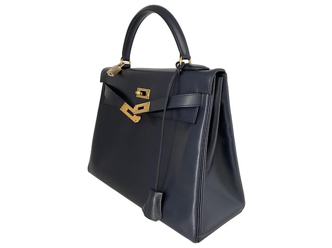 Borsa Hermès Kelly 32 Blu Notte in Pelle Box Calf - vista 2