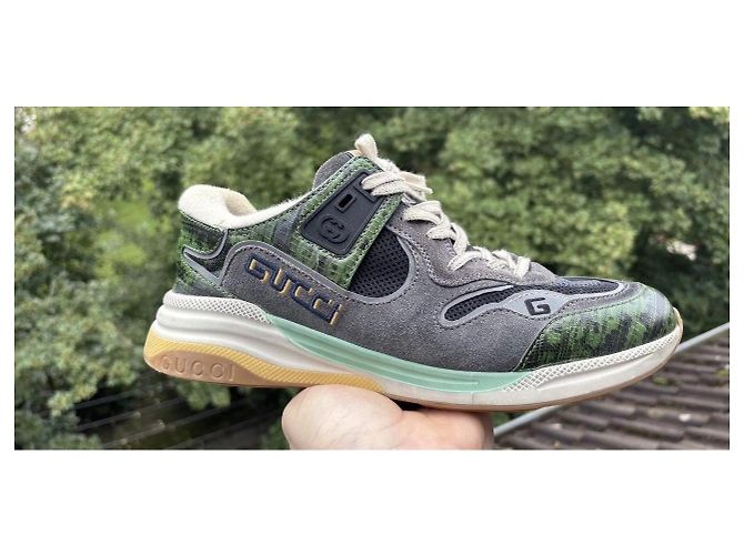 Sneakers Gucci in pelle e camoscio Bianco Verde Grigio - vista 6