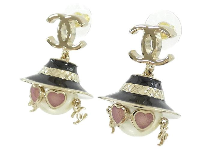 Boucles d'oreilles puces Chanel ABG215 Noir Rose Blanc Doré - vue 2