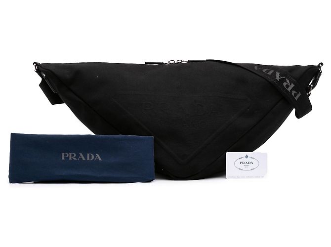 Borsa a tracolla Prada in tela Canapa nera con logo triangolare Nero - vista 7