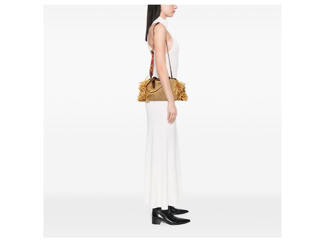 Borsa Satchel Miu Miu in rafia beige con frange - vista 6