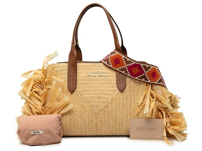 Borsa Satchel Miu Miu in rafia beige con frange - vista 7