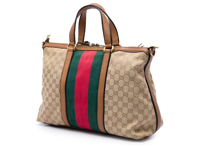 Borsa Gucci Rania Top Handle Medium in tela GG beige con banda Web - vista 2