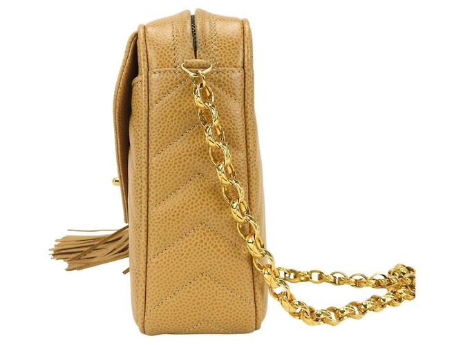 Borsa a tracolla Chanel in vitello grana Beige Gold D'oro - vista 4
