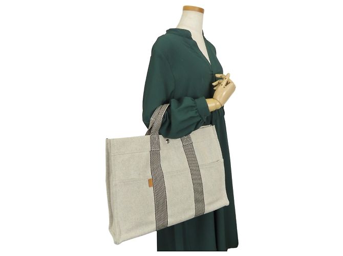 Hermès Borsa Tote Hermes Gray Cotton Canvas New Fourre-Tout MM Marrone - vista 22